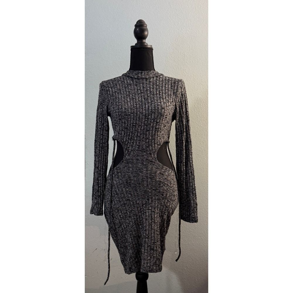 Blue Blush Gray Ribbed Knit Bodycon Dress Long Sleeve Cut Out Tie Waist Medium